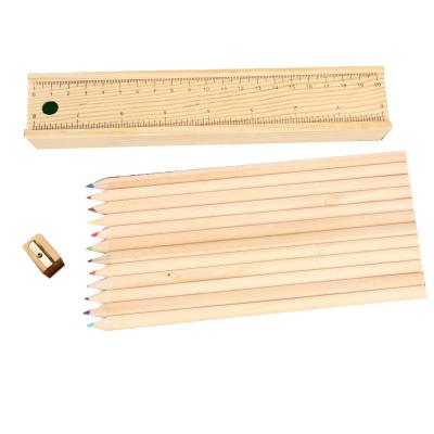 China Wholesale Coloring 12 Color Natural Coating Wooden Pencil with Wooden Box, Sharpener and Ruler for sale