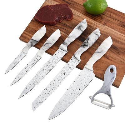 China High Quality Marble Coating Kitchen Knife Stocked 6 Pieces Stainless Steel Knife Set With Ccissors And Peeler for sale