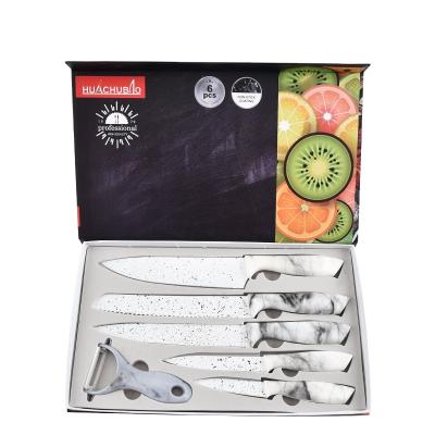 China Stocked MOQ 2020 Popular Cheap Wholesale Marble Coating Small Plastic Stainless Steel Handle Knife Set For Kitchen 6pcs Knife Gift Box for sale