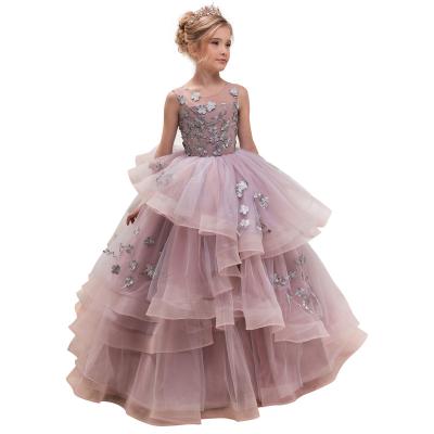 China Sleeveless Performance Purple Sleeveless Applique Multi Layer Lovely Flower Girl Dress for sale