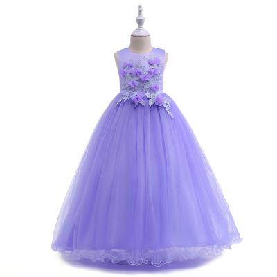 China Purple Sleeveless Yarn Net Lace Applique Embroidery Kids Bridesmaid Dress for sale