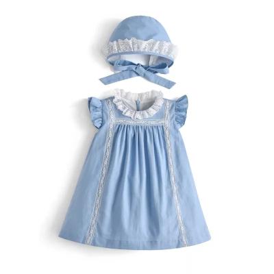 China New fashion breathable cotton blue sleeveless lace with hat lovely teenage girls dresses for sale