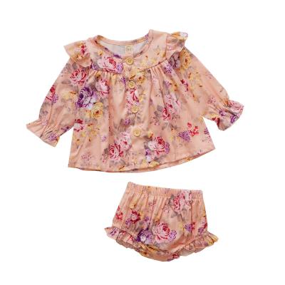 China Amazon Casual Hot Floral Print Ruffles Long Sleeve Tops And Shorts Kids Girl Clothes Set for sale