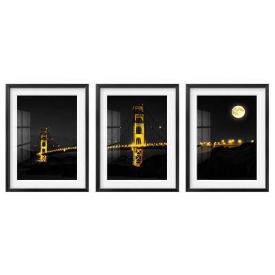 China Modern 3 Panel Set Golden Gate Bridge Decor Framed Pure White Canvas Print Of Matte Artworks Black White And Gold for sale