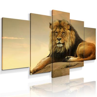 China Wholesale Modern 5 Piece Wall Decor Animal Lion Stretched Frame Canvas Wall Art For Home Decoration for sale