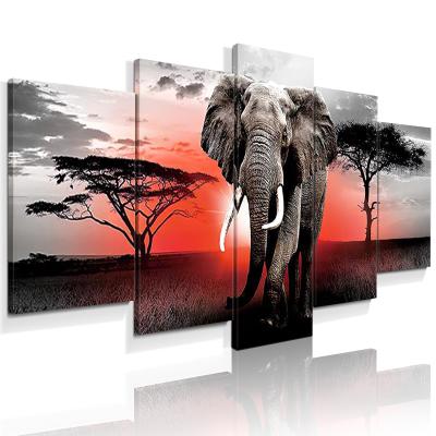 China 5 Panels HD Print Modern African Wild Animals Elephants Grasslands Landscape Paintings On Canvas for sale