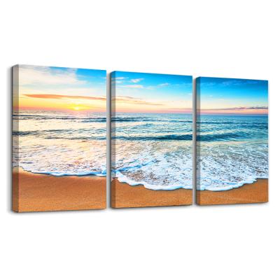 China Modern Modern Wall Art Sea Wave Stretched 3 Panel Sunset Canvas and Paintings Ocean Beach Picture Seascape View for sale