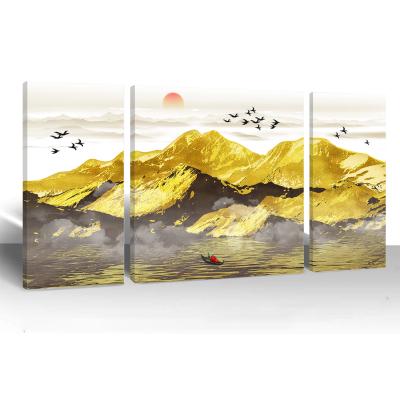 China Abstract 3 Piece Modern Decorative Hanging Canvas Gold Print Mountain Wall Painting Abstract Painting for sale