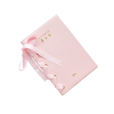 China To bind with beautiful cute little pink or yellow ribbon cover hardcover book paper notebook with pen for sale