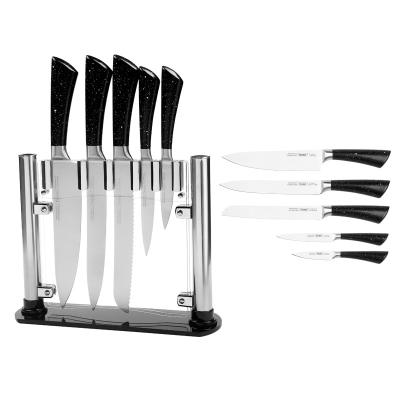 China TUOMEI 6PCS High Quality Viable Stainless Steel Kitchen Knife Set Hollow Handle With Acrylic Knife Block In Color Box for sale