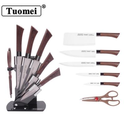 China TUOMEI High Quality Viable Stainless Steel 7 PCS Kitchen Knife Set Wooden Pattern With Knife Acrylic Block In Color Box For Cutting for sale