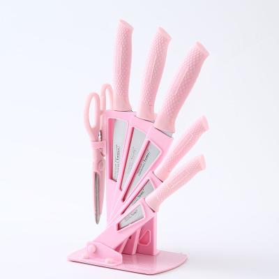 China Viable Most Popular Light Pink Handle Nonstick Coating Sharp Blade Kitchen Knife Set With Kitchen Scissors for sale