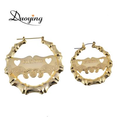 China 2021 New Custom Made Personalized Bamboo Hoop Earrings Heart Print Name Jewelry Circle Earrings for sale