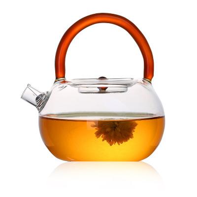 China 2021 Handblown 800ml Viable Glass Teapot Borosilikatglas Clear Glass Jar With Color Handle for sale