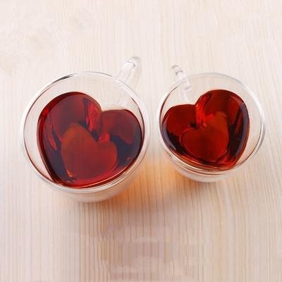 China 180ml/240ml Handcrafted Glass Heart Shaped Tea Cup Christmas Gifts Glass Tea Coffee Mug Double Layer Porcelain for sale