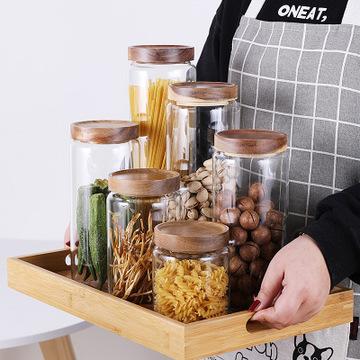 China 400ml 700ml 1000ml 1300ml 1600ml Food Grade Airtight Glass Tea Storage Jar With Acacia Wood Lid for sale