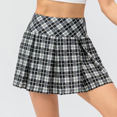 China Breathable the new 2022 women's fitness polyester yoga pleat sports tennis skirt pink grid pattern for sale