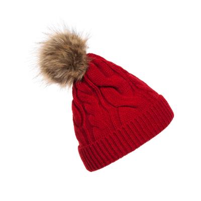 China COMMON Knit Beanie Chunky Knitted Hat With Faux Fur Slouchy Pom Pom Winter Beanie for sale