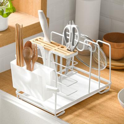 China Multifunctional Hot Selling Kitchen Tableware Storage Rack Multifunctional Built-in Viable Kitchen Dish Rack Knife Holder Cutting Board Rack Serving Pot Cover Spoon Holder for sale