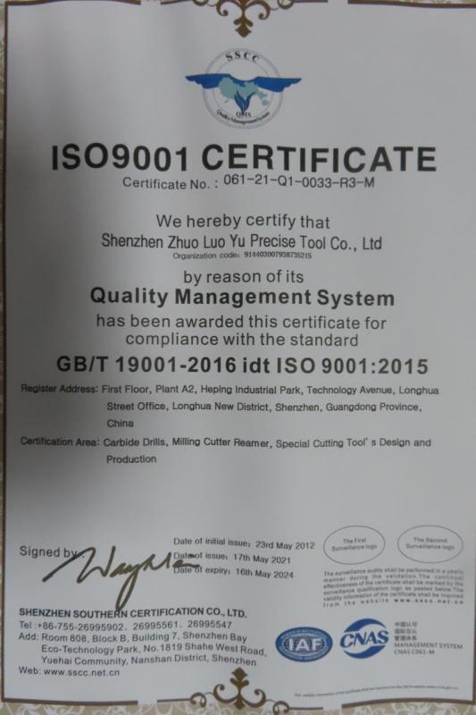 ISO9001 - Shenzhen Zhuoluoyu Precision Tool Co., Ltd.