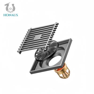 China Gun Grey Bathroom Shower Accessories Floor Drain Full Brass Body Multi Layer Coated for sale