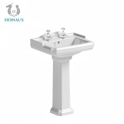 China Classic Bathroom Full Pedestal Wash Basin High Temp Burned Ceramic White Retro Style for sale