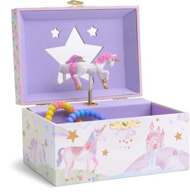 China Eco-Friendly Girl's Musical Jewelry Storage Box with Rotating Unicorn Glitter Rainbow and Stars Design for sale