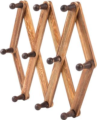 China Burnt Wood Wall Mounted Expanding Accordion 10 Hooks Viable Peg Coat Rack Hanger for Entryway Wood Coat Hangers for sale