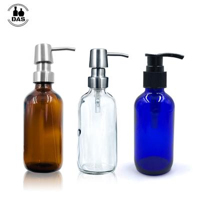 China 250ml 500ml Clear Amber Empty Shampoo Hand Wash Lotion Boston Cosmetic Pump Round Glass Bottle For Sale for sale