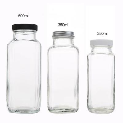 China Sale 250ml 350ml 500ml 16oz Empty Clear Square Beverage Soda Drinking Milk Juice Glass Bottle With Plastic Aluminum Lids for sale