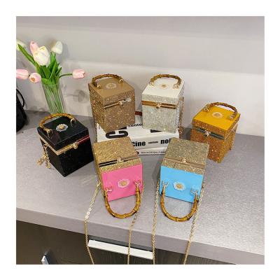 China Fashion Luxury Fashion Acrylic Diamonds Box Bag Rhinestone Chain Shiny Cross Bamboo Handle - Body Bags Lady Small Square Bag for sale