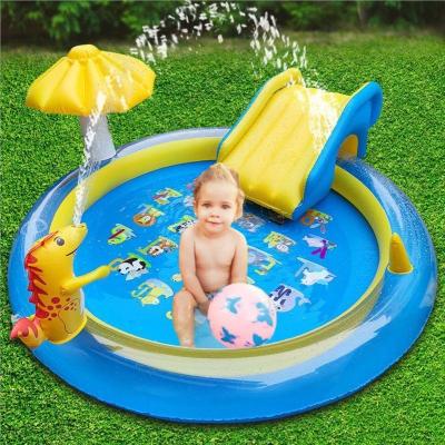 China Outdoor Use 200cm PVC 4-in-1 Inflatable Play Center Wading Kids Swimming Water Slide Dinosaur Sprinkler Pool Around Garden Backyard for sale