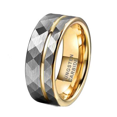 China CLASSIC Gold Hammered Tungsten Ring Men Fashion Band Two Tone Offset Line Comfort Fit Jewelry 8mm for sale