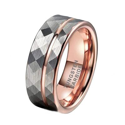 China CLASSIC Men Jewelry 8mm Rose Gold Hammered Tungsten Ring Shape Bands Two Tone Offset Line Comfort Fit Engagement Bands for sale