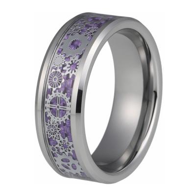 China Romantic Tungsten Wedding Ring For Women Men 8MM With Mechanical Purple Gear Wheel Carbon Fiber Inlay Hewn Edges Comfort Fit for sale