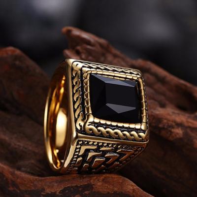 China Hiphop Square Black Stone Men Seal Ring Signet Wedding Band Gold Color Classic Male Rings Titanium Stainless Ring for sale