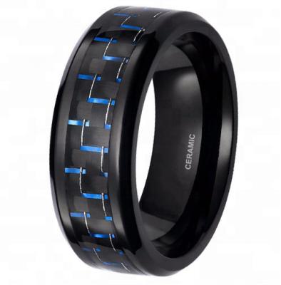 China Romantic black ceramic wedding ring with blue and black carbon fiber inlay for sale