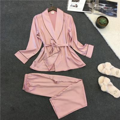 China Breathable Women Long Sleeve Silk Robe And Two Piece Silk Set M L XL S0007 Long Pants Pajamas Sleepwear for sale