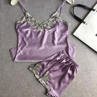 China Breathable Embroidered Lace Up Satin Silk Suspenders Shorts Pajamas Suit M-3XL S0009 for sale