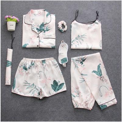 China Breathable Ice Silk Pajamas Seven-piece Pants Long Sleeve Pajamas Set M-XXL S0016 for sale