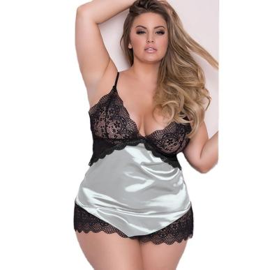 China Fashion lingerie lace set sleepwear plus size black ice high quality polyester/cotton hollow out size women sexy silk pajamas for fat women for sale