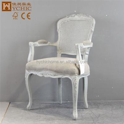 China Solid Wood Hand Carved Solid French Antique Birch Wood Rattan Back Dining Armchair for sale