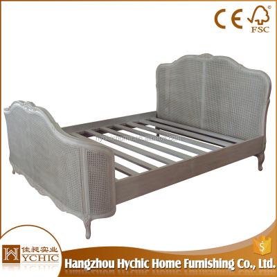 China Antique Style Rattan Wooden Chesterfield Solid Wood French Bed Frame for sale