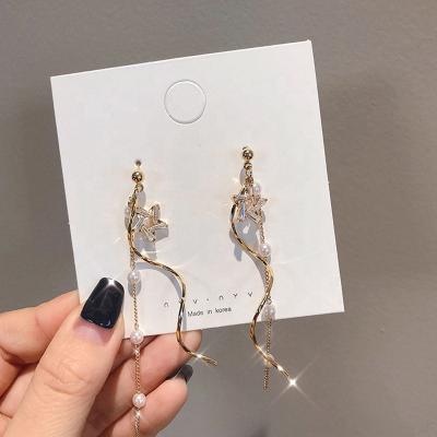 China Wholesale S925 Simple Elegant Star Crystal Dangle Long Pentagonal Tassel Earrings Shape Pearl Female Jewelry for sale