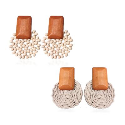 China Retro Vintage Korea Handmade Wood Weave Bamboo Circle Classic Beaded Woven Wooden Earrings For Women Environment Jewelry for sale