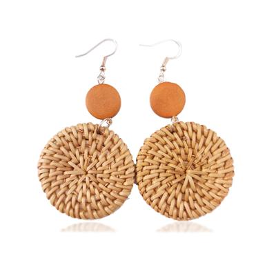 China Vintage Girls Cute Braided Wooden Earring Beads Round National Style Fashion Exaggerated Geometry Jewelry Rattan Handmade Earring for sale