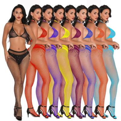 China Antibacterial Women Lingerie Net Two Piece Swimwear Rhinestone See Clubwear Bikini Top and Bodystocking for sale