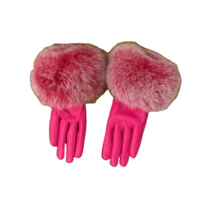 China Simple Genuine Fashion Lady Winter Fox Fur Sheepskin Leather Gloves Real Women Warm Real Lambskin Velvet Windproof for sale