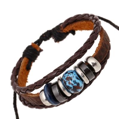 China Yiwu Environmental Friendly Leather Jewelry Bracelet Wholesale 2021New Vintage Punk Beaded Magnetic Bead Leather Bracelet for sale