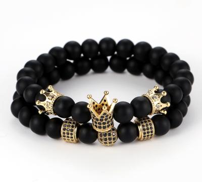 China BOHEMIA Newcomers Micro Inlaid Ball Crown Micro Inlaid Zircon Black Frosted Stone Beads Bracelet Set for sale